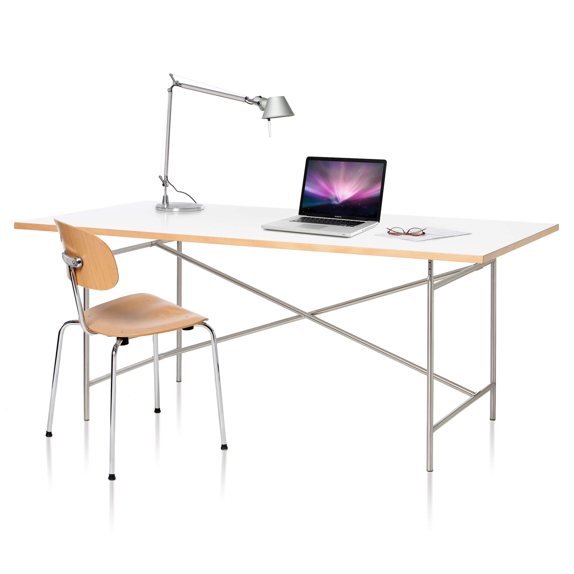 Klassischer Eiermann E2 Schreibtisch mit weißer Tischplatte und Chrom Gestell